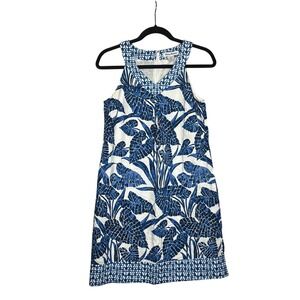 Tommy Bahama Mosaic Palm Linen Dress White Blue Sleeveless Womens Small Tropcl